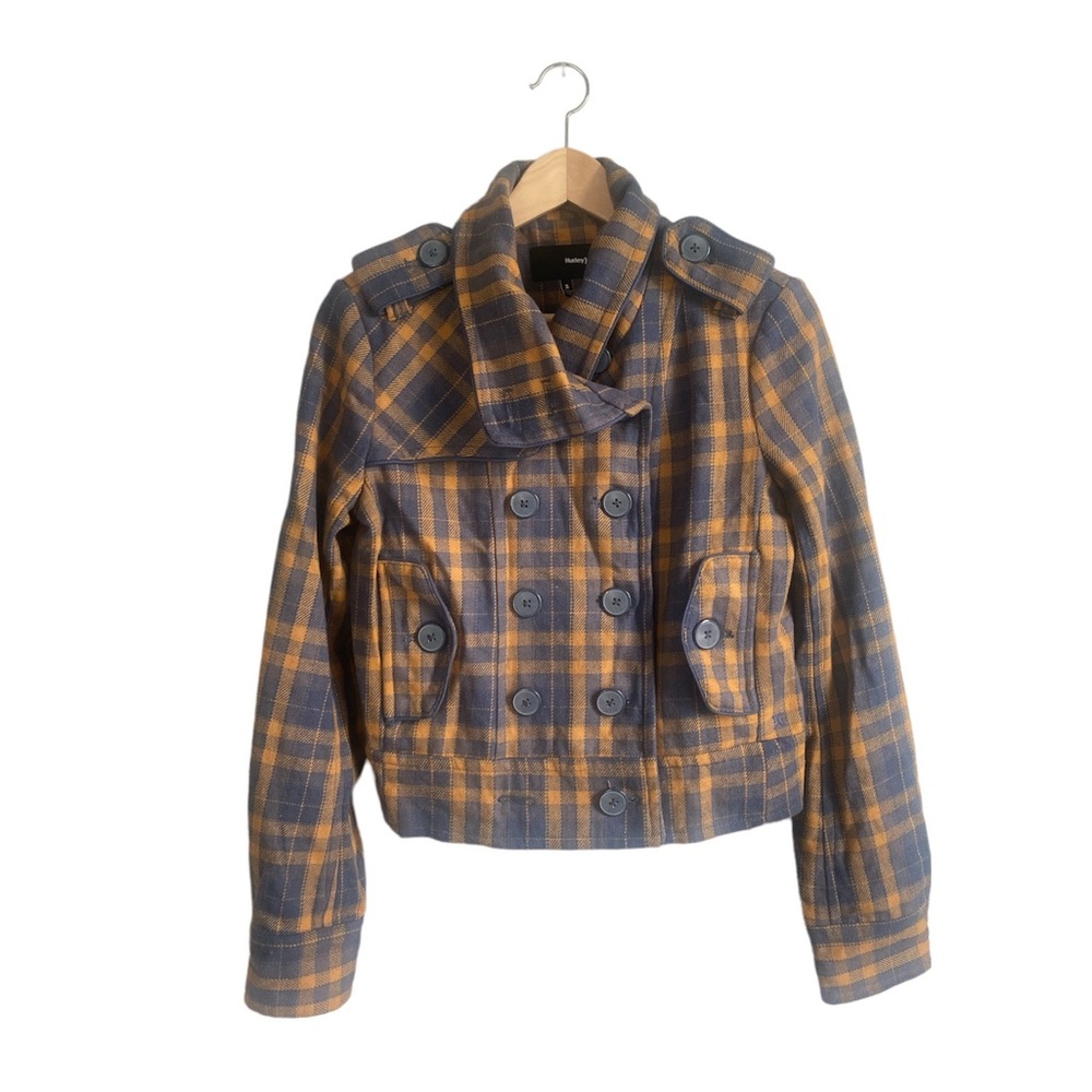Hurley Yellow and Grey/blue jacket coat plaid with floral lining Size S Wool